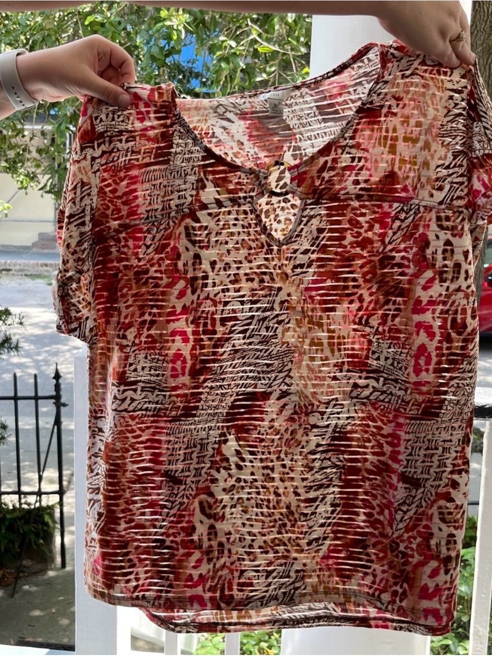 Y2K Multi-Pattern Short Sleeve Blouse with Keyhole